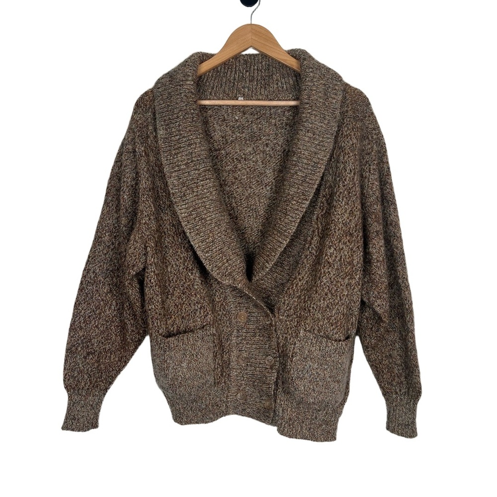 Womens Shawl Cardigan Medium Brown Heather Tweed Double Breast Button‎ Coastal